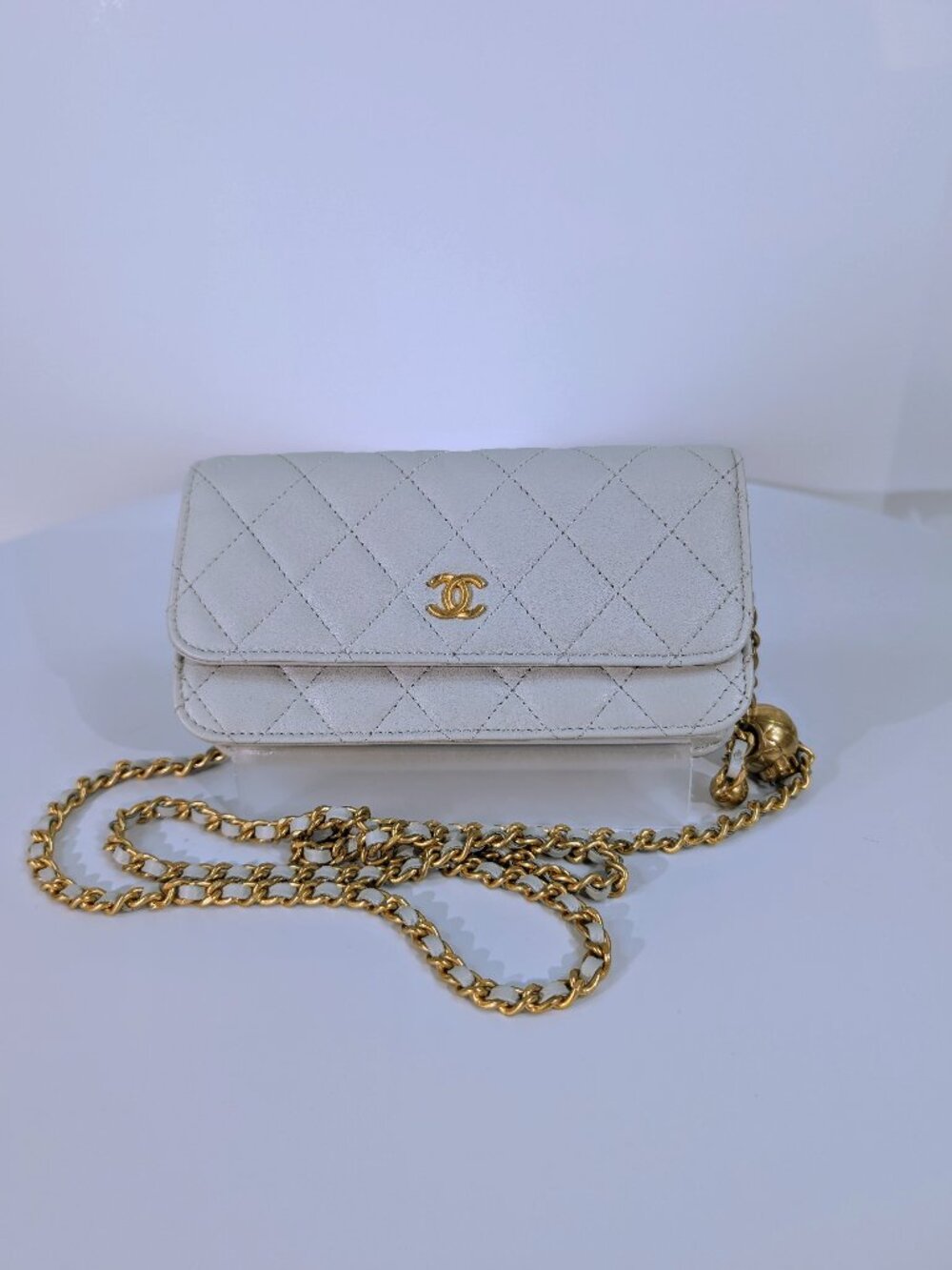 Chanel Light Grey Wallet on Chain (WOC) with Gold Charm